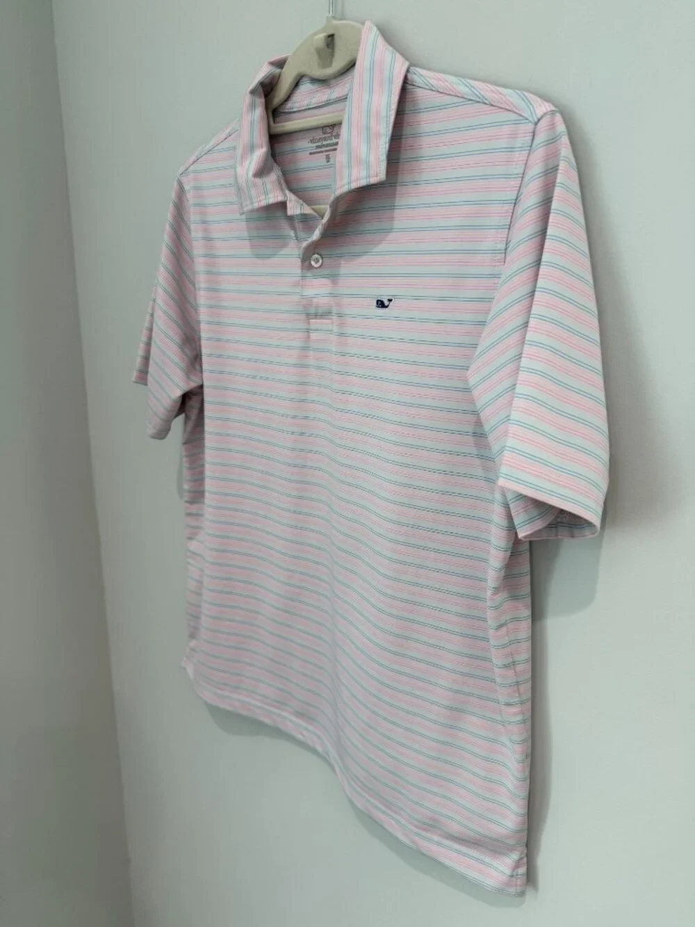 Vineyard Vines Boys XL 18 Performance Polo Shirt Pink Blue Striped Short Sleeve